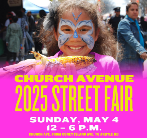 A young girl with face paint smiles and holds corn on the cob at the Church Avenue 2025 Street Fair, scheduled for Sunday, May 4, 12–6 p.m.