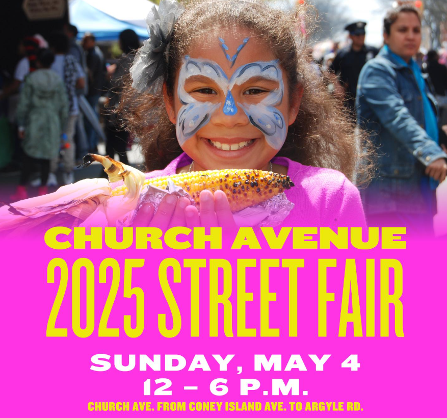 A young girl with face paint smiles and holds corn on the cob at the Church Avenue 2025 Street Fair, scheduled for Sunday, May 4, 12–6 p.m.
