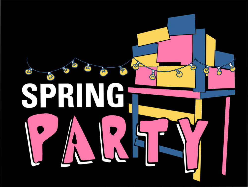 Illustration with the words "Spring Party," stylized in pink, yellow, and blue, next to a geometric structure with string lights hanging above.