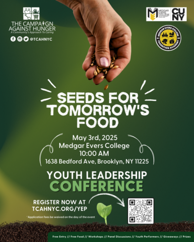 Advertisement for "Seeds for Tomorrow's Food" Youth Leadership Conference at Medgar Evers College on May 3rd, 2025, 10 AM. Features QR code, logos, and event details with plant imagery.