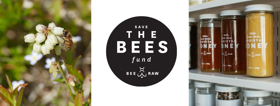 A bee on a white flower, a circular "Save the Bees Fund" logo, and jars of honey on a white shelf.