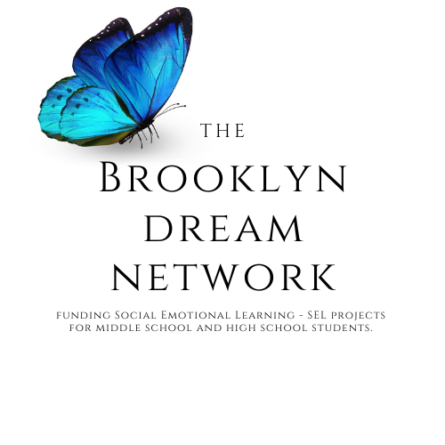 A blue butterfly above the text "The Brooklyn Dream Network," with a tagline about funding SEL projects for middle and high school students.