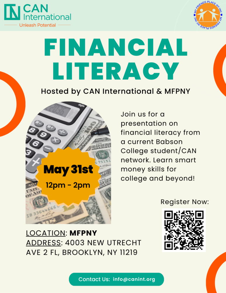 Flyer for a financial literacy event hosted by CAN International & MFPNY on May 31st, 12pm-2pm, at 4003 New Utrecht Ave, 2nd floor, Brooklyn, NY. Includes QR code for registration.