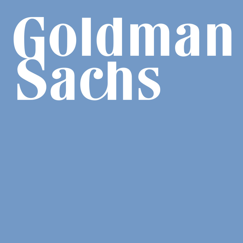 The Goldman Sachs logo displayed in white text on a light blue background.