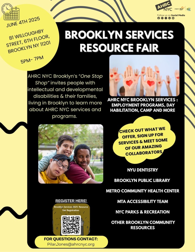Flyer for "Brooklyn Services Resource Fair" on June 4, 2025, with event details, services listed, and contact info; features photos of diverse people and logos of organizations.