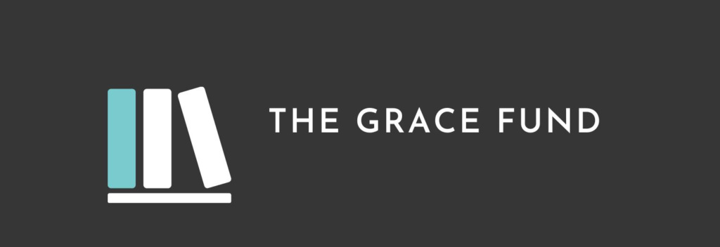 Logo for "The Grace Fund" featuring three stylized books on a shelf alongside the text, all set against a dark gray background.