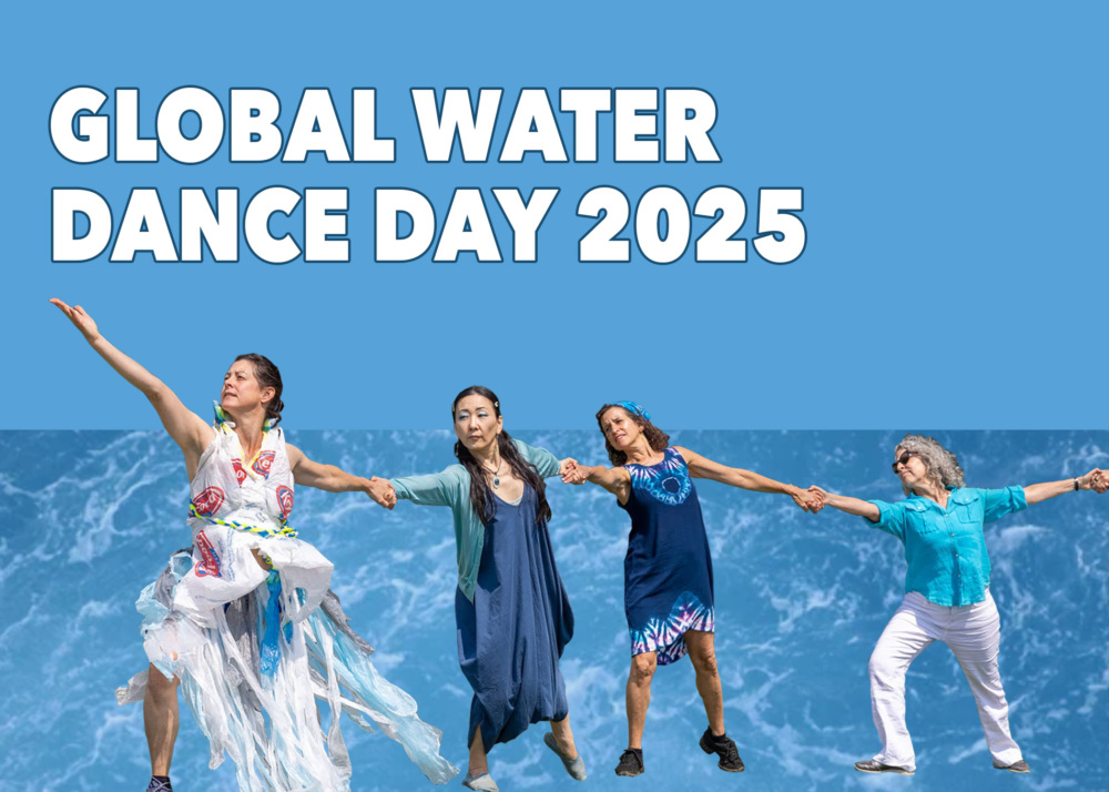 Four women in colorful outfits hold hands and dance in front of a blue water background with the text “Global Water Dance Day 2025” above them.
