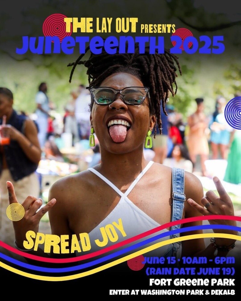 A person wearing glasses and earrings smiles and sticks out their tongue at an outdoor event; text promotes a Juneteenth 2025 celebration at Fort Greene Park.