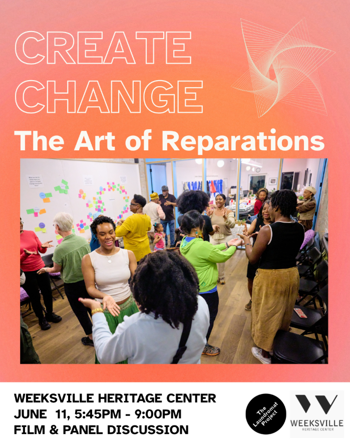 A group of people engage in a group activity in a colorful room with sticky notes on the wall. Event details for a film and panel discussion on reparations are shown.