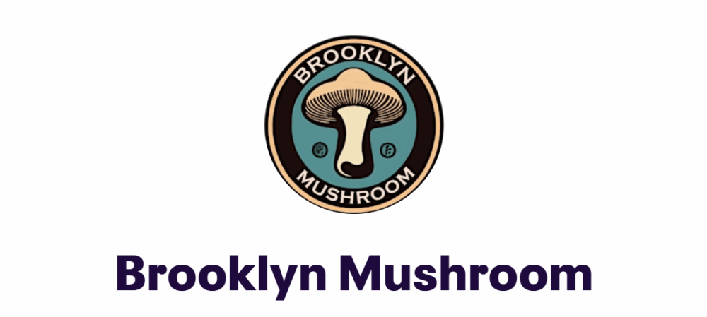 A circular logo featuring a mushroom illustration with the words "Brooklyn Mushroom" above and below it; "Brooklyn Mushroom" is also written in bold text underneath.