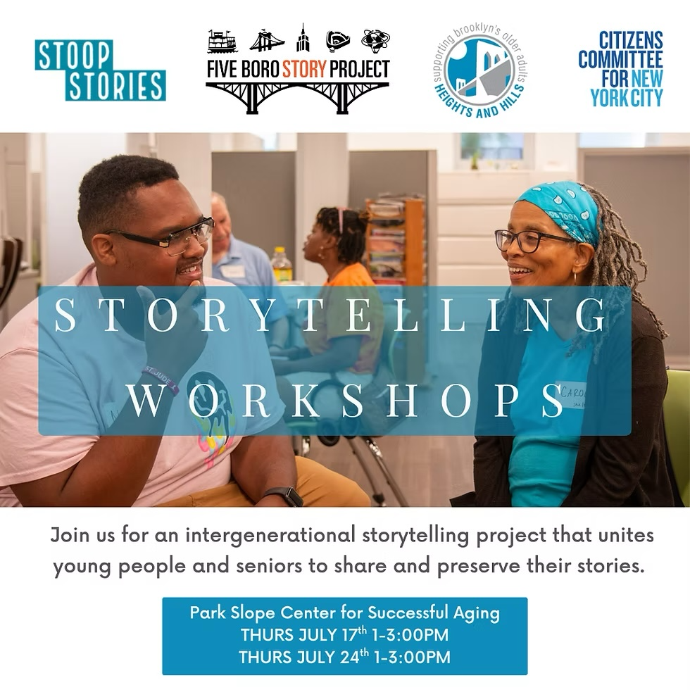 Two adults sit facing each other, smiling, at a storytelling workshop event. Informational text about an intergenerational storytelling project and event details are overlaid on the image.