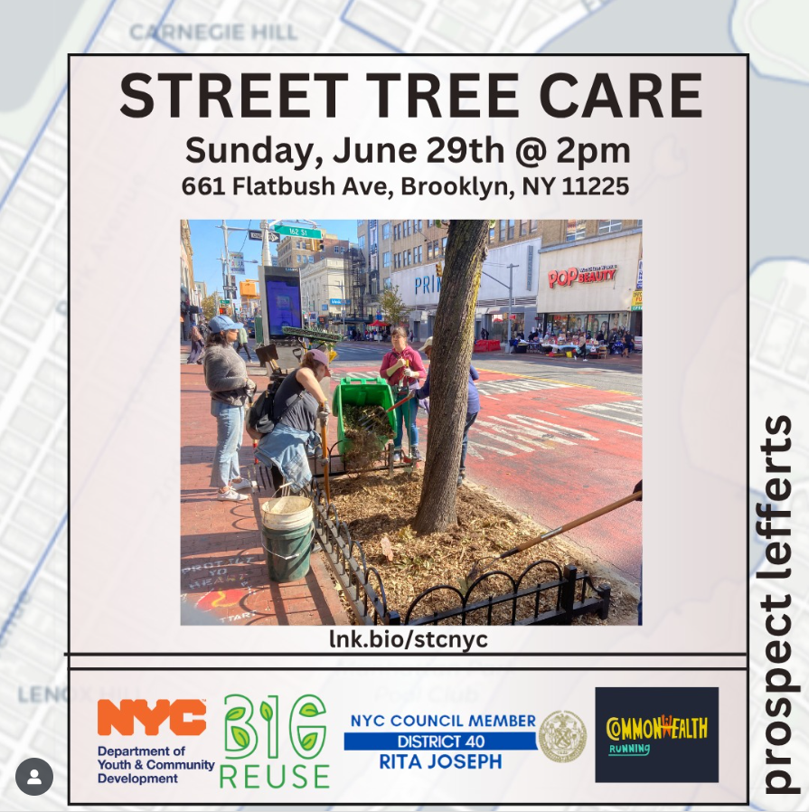 Several people are mulching and caring for a street tree on a busy Brooklyn sidewalk, with flyers promoting a street tree care event on June 29th at 2pm shown.