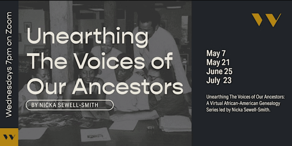 A group of people gather around a table with documents. Text promotes a virtual African-American genealogy series by Nicka Sewell-Smith, held on Zoom on select Wednesdays at 7pm.