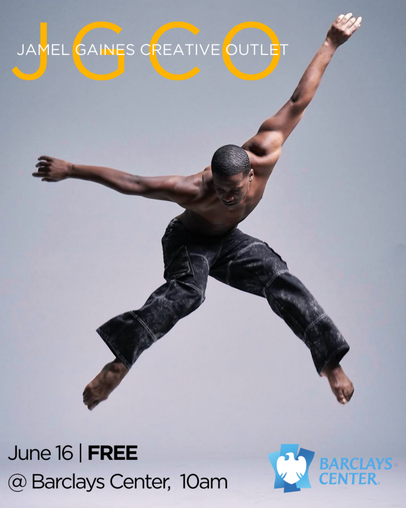 A male dancer jumps mid-air against a plain background. Text announces a free Jamel Gaines Creative Outlet event at Barclays Center on June 16 at 10am.