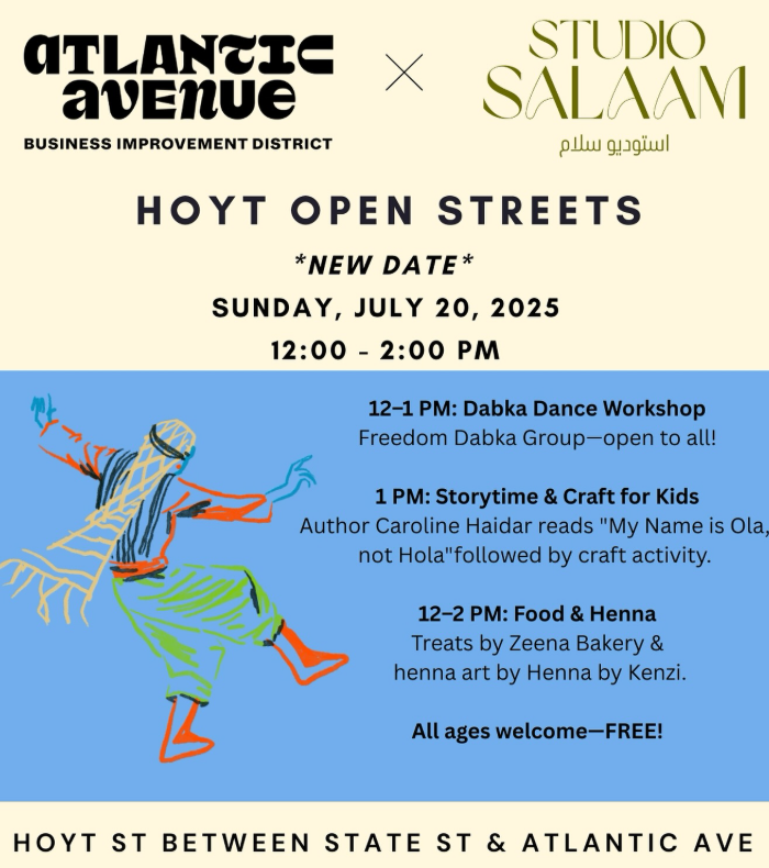 Event flyer for Hoyt Open Streets on July 20, 2025, featuring dance, storytime, crafts, food, and henna from 12–2 PM; all ages welcome, free admission.