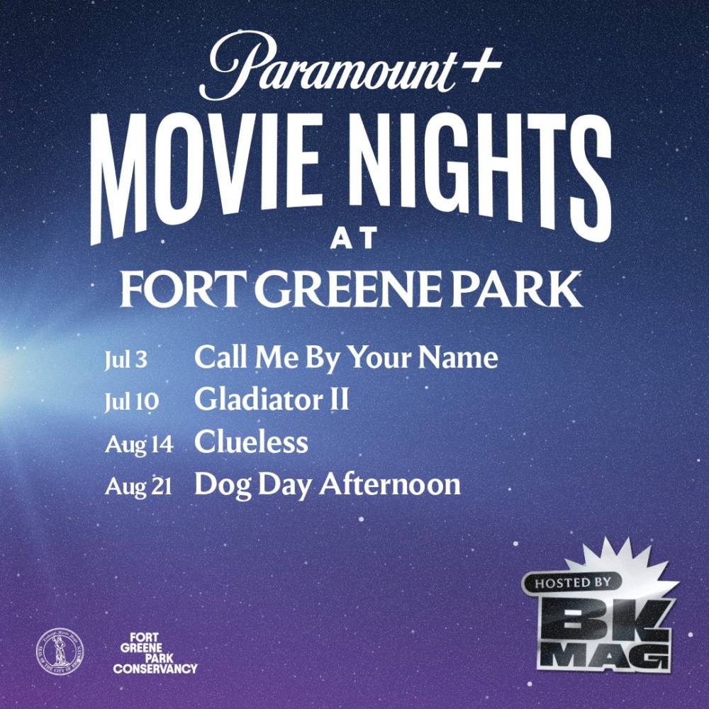 Paramount+ Movie Nights at Fort Greene Park schedule, listing films and dates in July and August, hosted by BK Mag.