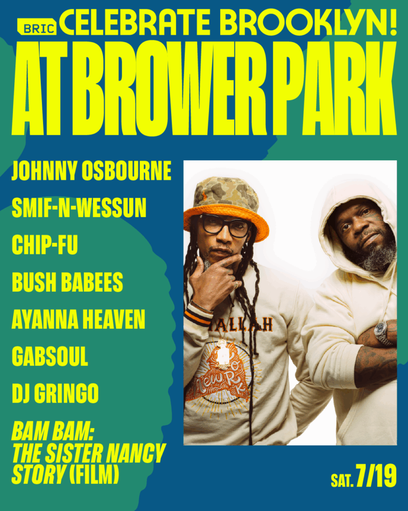 Poster for "Celebrate Brooklyn! at Brower Park" listing performers and featuring two men posing; event date is Saturday, July 19.