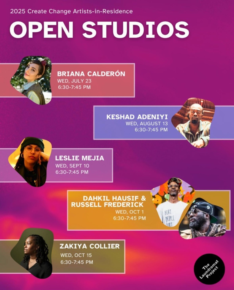 Promotional flyer for 2025 Create Change Artists-in-Residence Open Studios with event dates, times, artist names, and photos on a purple background.