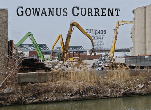 Three cranes demolish a building near a waterway, with debris and construction materials visible; large "Gowanus Current" text at top of image.