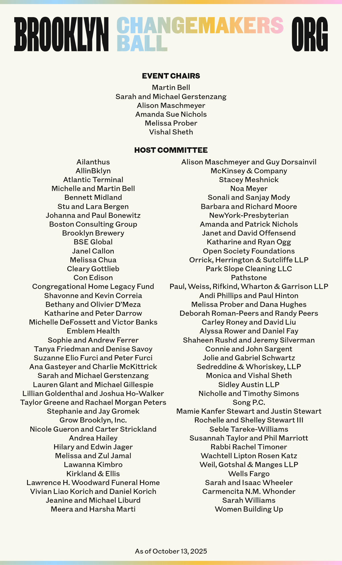 Event chairs and host committee members for the Brooklyn Changemakers Ball are listed in five columns on a beige background. The event date is October 13, 2025.