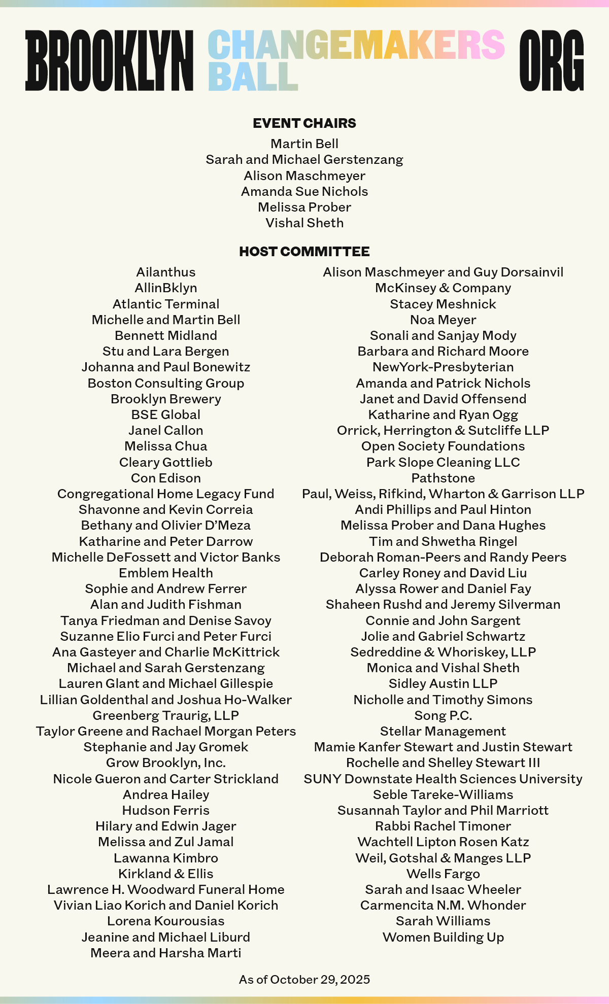 A list of event chairs and host committee members for the Brooklyn Changemakers Ball, displayed in alphabetical order by committee, dated October 29, 2025.
