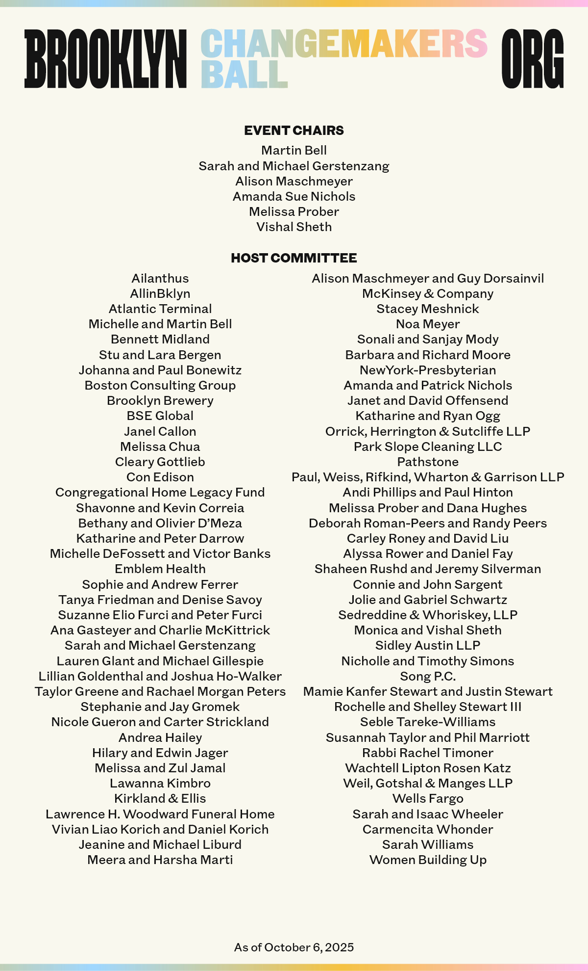 A list of event chairs and host committee members for the Brooklyn Changemakers Ball, with names organized in columns. The date at the bottom reads "As of October 6, 2025.