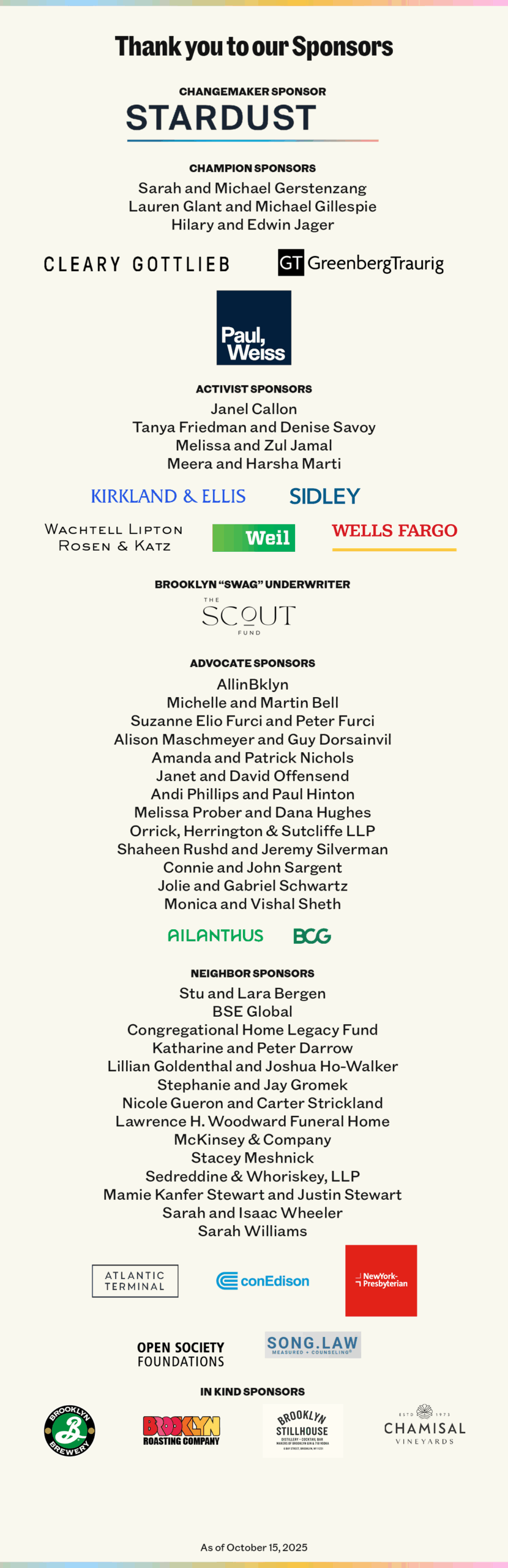 A vertical banner listing event sponsors in various tiers, including Stardust, Ameren, law firms, banks, organizations, and individuals, with logos and names in black, blue, red, and green text.