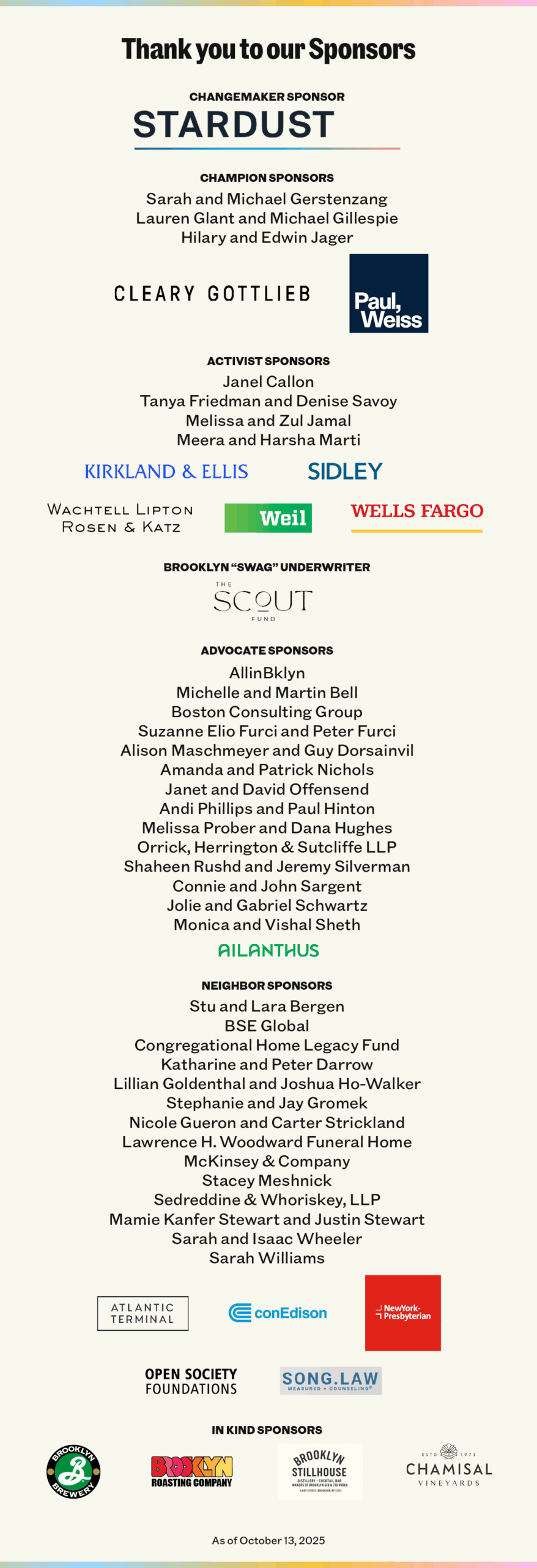 Sponsor acknowledgement poster listing various sponsors and supporters, organized by category, with company logos and names in a vertical format. Dated October 19, 2023.