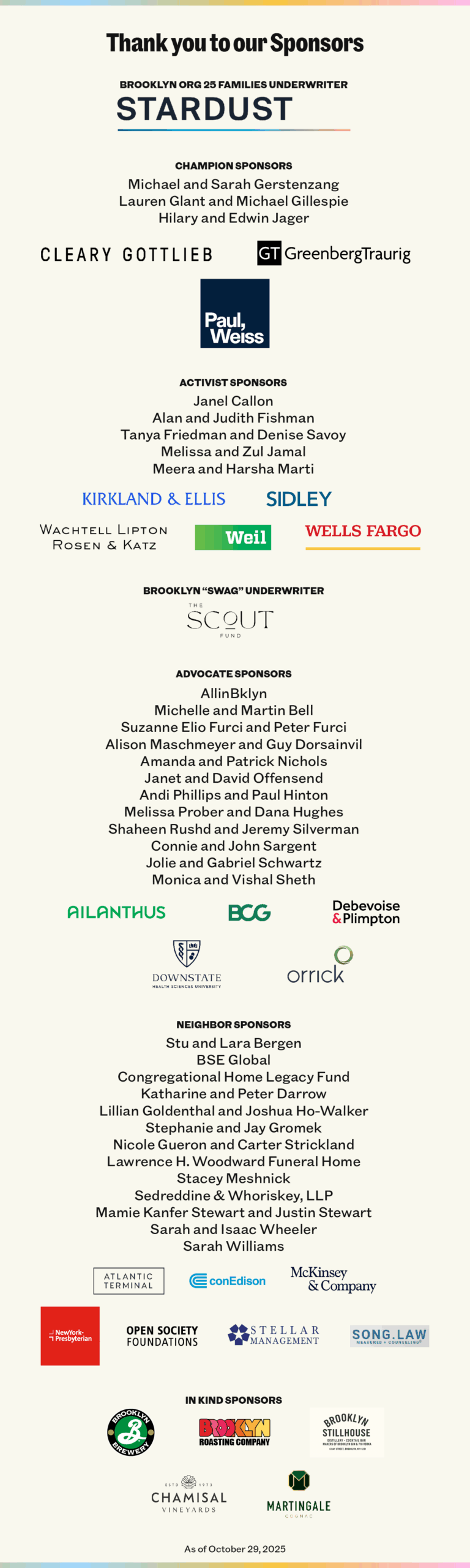 Sponsor thank-you poster listing various organizations and individuals, grouped by donation level, with logos for select sponsors. As of October 20, 2023.