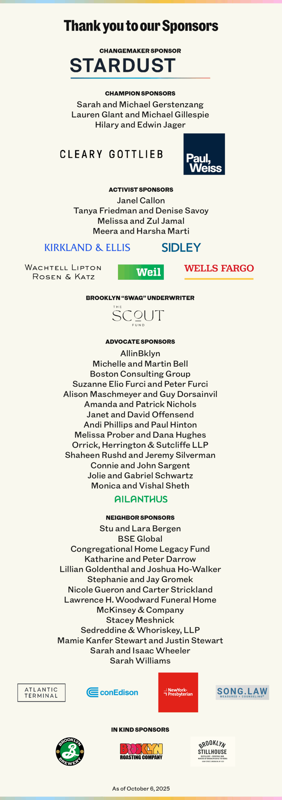A list of sponsors for an event, organized by category, with company and individual names displayed under each sponsor level. Dated October 6, 2023.