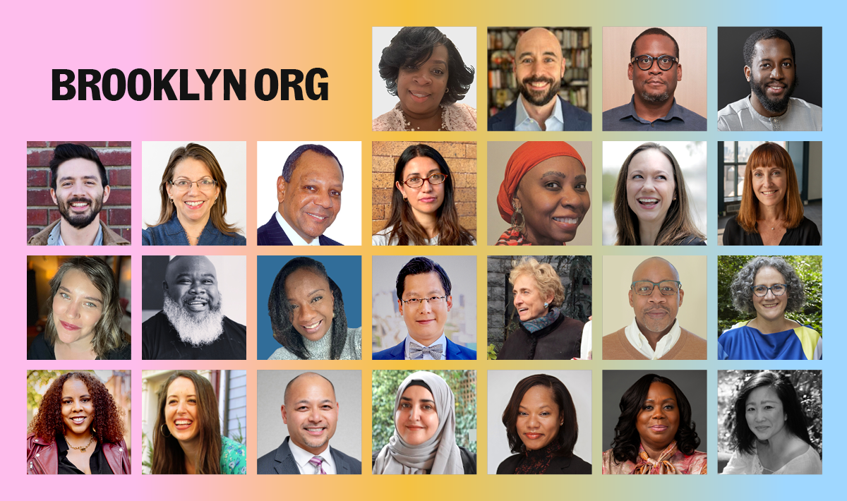A grid of 24 diverse people’s headshots is arranged in three rows beneath the text “BROOKLYN ORG” on a pastel gradient background.