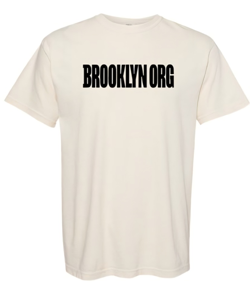 A plain white t-shirt with the text "BROOKLYN ORG" in bold black capital letters across the chest.