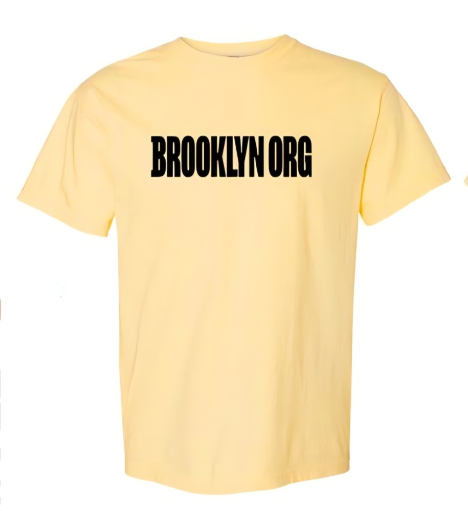 A yellow t-shirt with the words "BROOKLYN ORG" printed in bold black letters across the chest.
