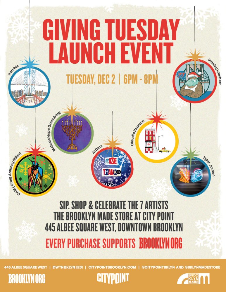 Poster for a Giving Tuesday launch event on Dec 2, 6–8pm, featuring ornaments displaying artwork by seven artists; all purchases support BrooklynOrg.