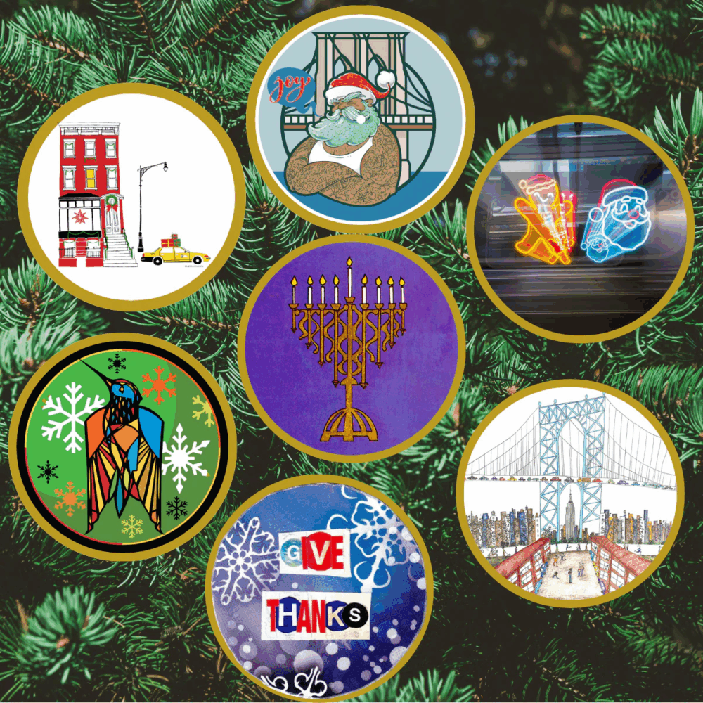 Seven holiday-themed circular ornaments with various designs, including Santa, menorah, snowflakes, city scenes, and festive text, displayed on a pine tree background.