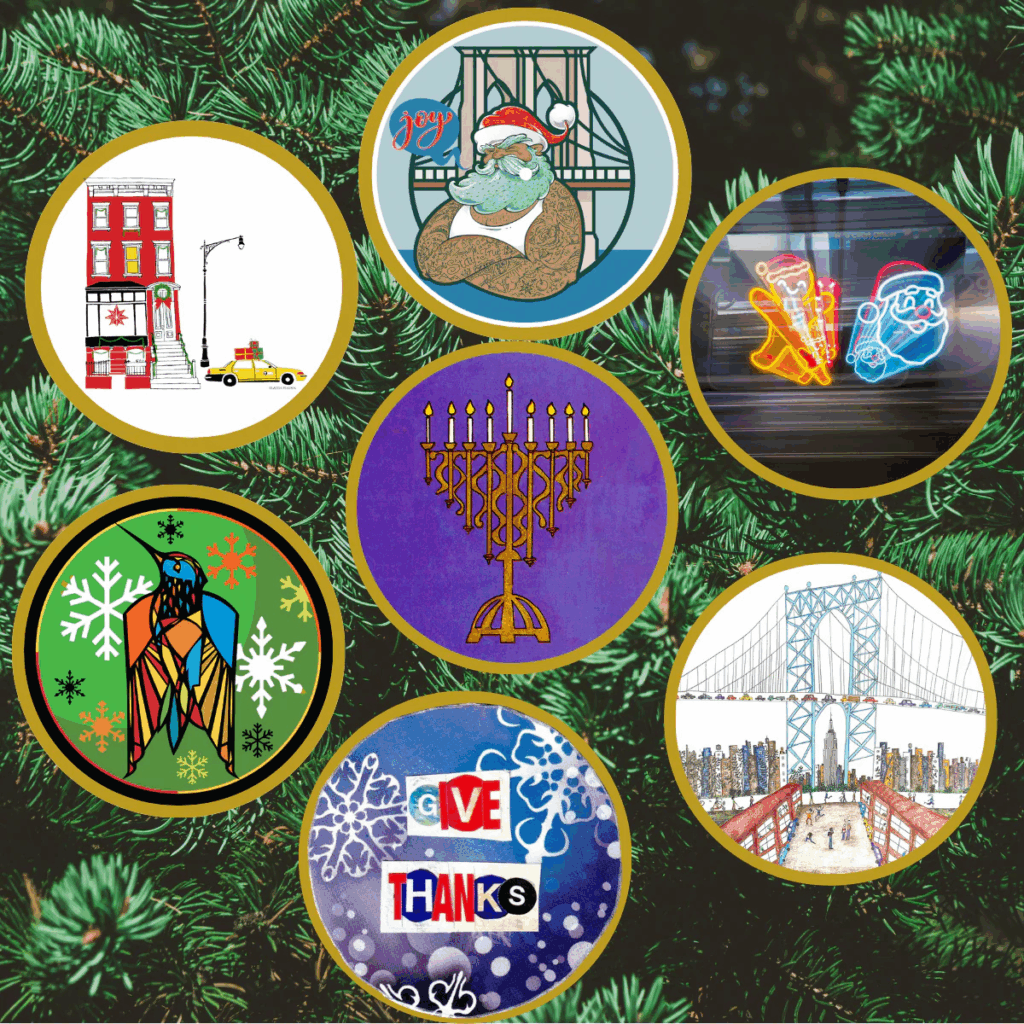 Seven holiday-themed circular ornaments with various designs, including Santa, menorah, snowflakes, city scenes, and festive text, displayed on a pine tree background.