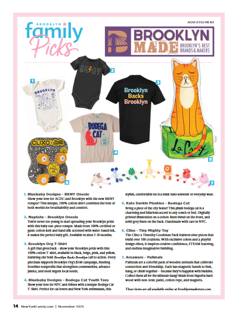 A magazine page displays a selection of Brooklyn-themed products for families, including apparel, toys, and accessories, each labeled with a number and brief description.