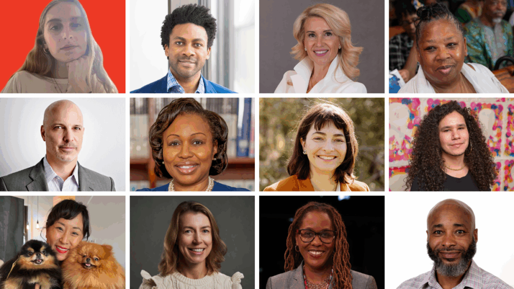 A grid of 14 diverse people, including men and women of various ages and backgrounds, shown in individual portrait photos.