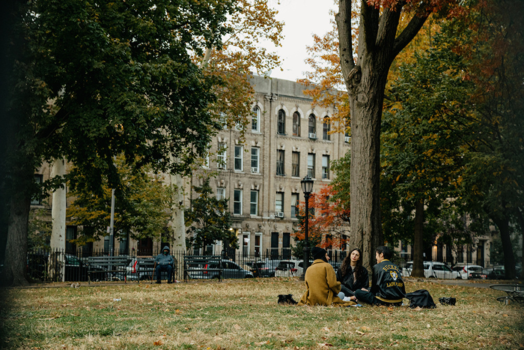 Three people sit on grass in a park near tall trees, with apartment buildings and parked cars visible in the background on an overcast day.