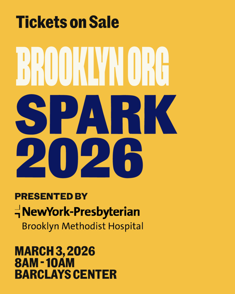 Event poster for "Brooklyn Org Spark 2026" presented by NewYork-Presbyterian, March 3, 2026, 8–10 AM at Barclays Center, with tickets on sale.