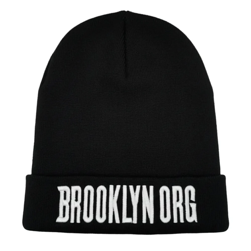 A black beanie hat with the words "BROOKLYN ORG" embroidered in bold white letters on the front cuff.