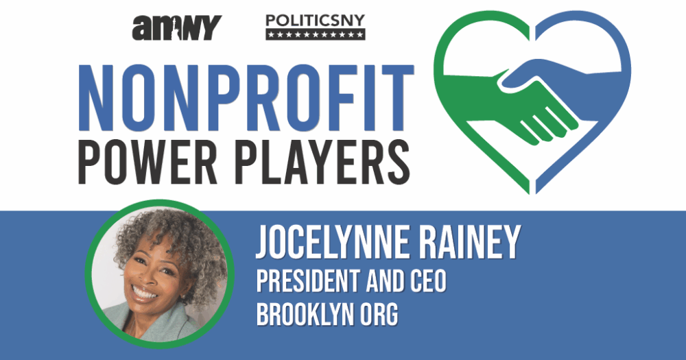 A banner titled "Nonprofit Power Players" features a handshake in a heart icon and a photo of Jocelynne Rainey, President and CEO of Brooklyn Org.