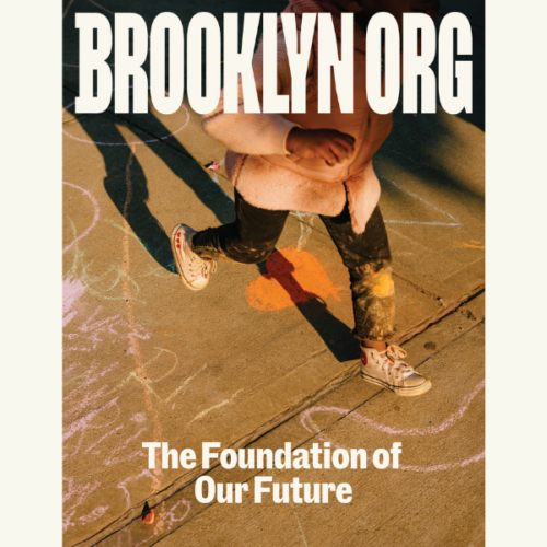Child in a pink jacket and sneakers runs on a sidewalk covered in colorful chalk drawings, with the text "BROOKLYN ORG" and "The Foundation of Our Future" overlaid.