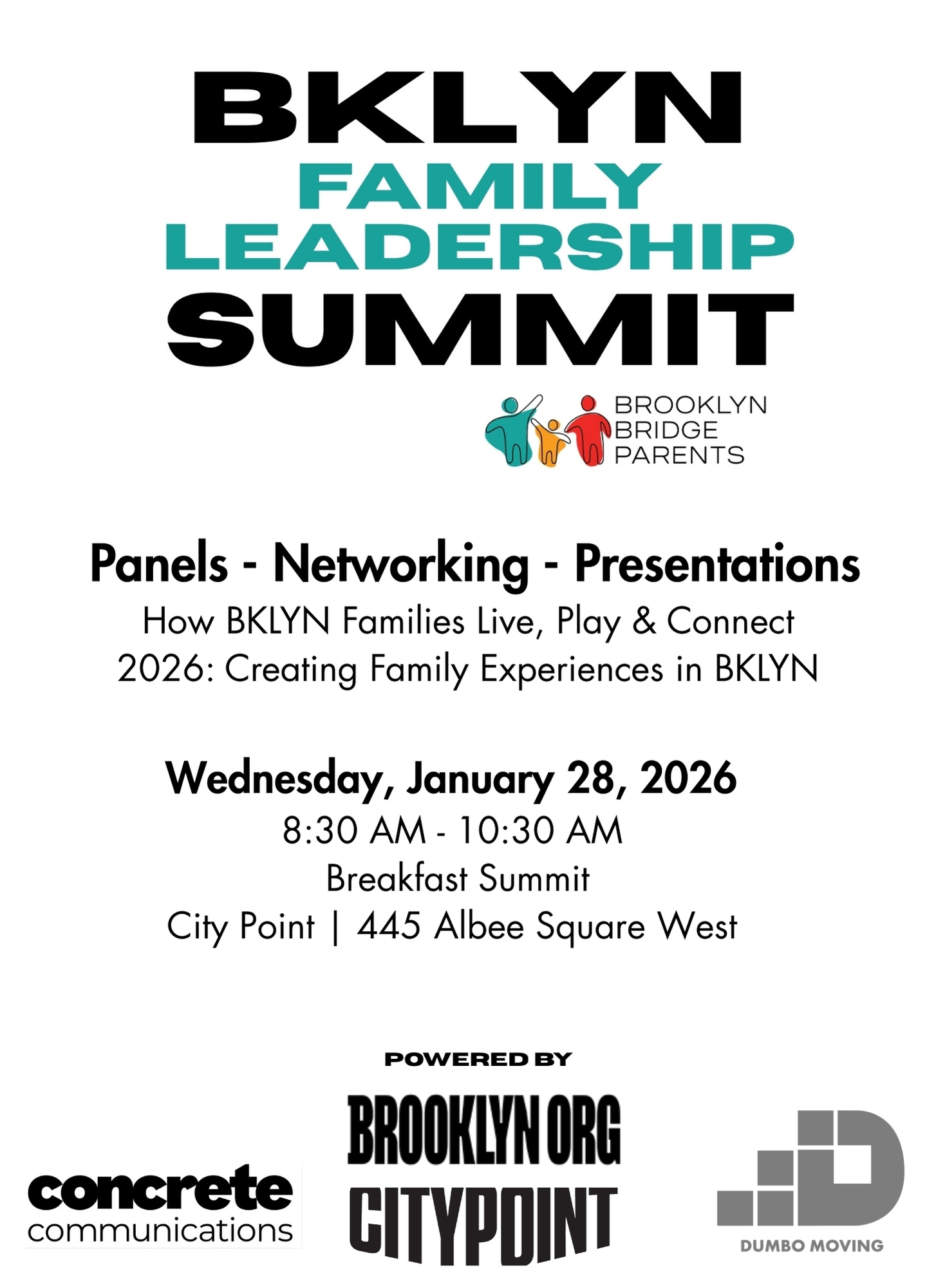 Flyer for the BKLYN Family Leadership Summit on January 28, 2026, featuring panels, networking, and presentations at City Point, Brooklyn.