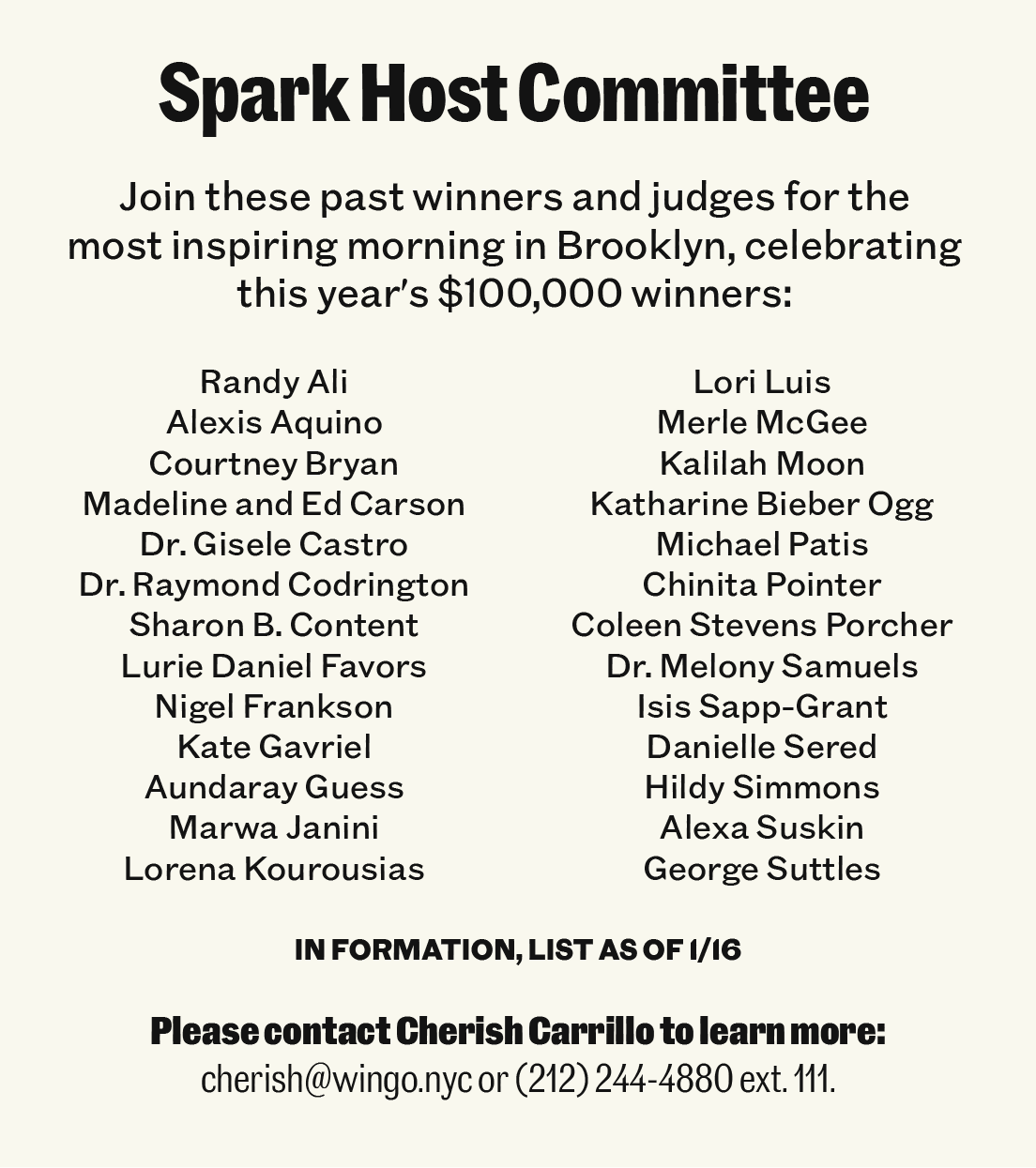 Text graphic listing the Spark Host Committee members, event details, and a contact for more information about the $100,000 winners celebration in Brooklyn.