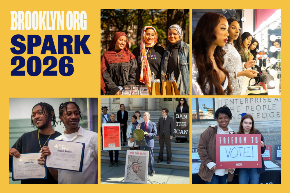 A collage for BROOKLYN.ORG SPARK 2026 shows diverse people at events, holding certificates, speaking, and displaying signs about voting and community action.