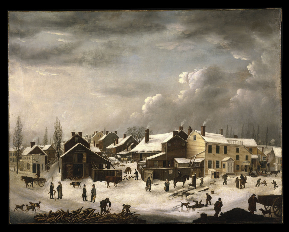 A snowy village scene with people, horses, and dogs engaging in daily activities among wooden houses and barns under a cloudy sky.