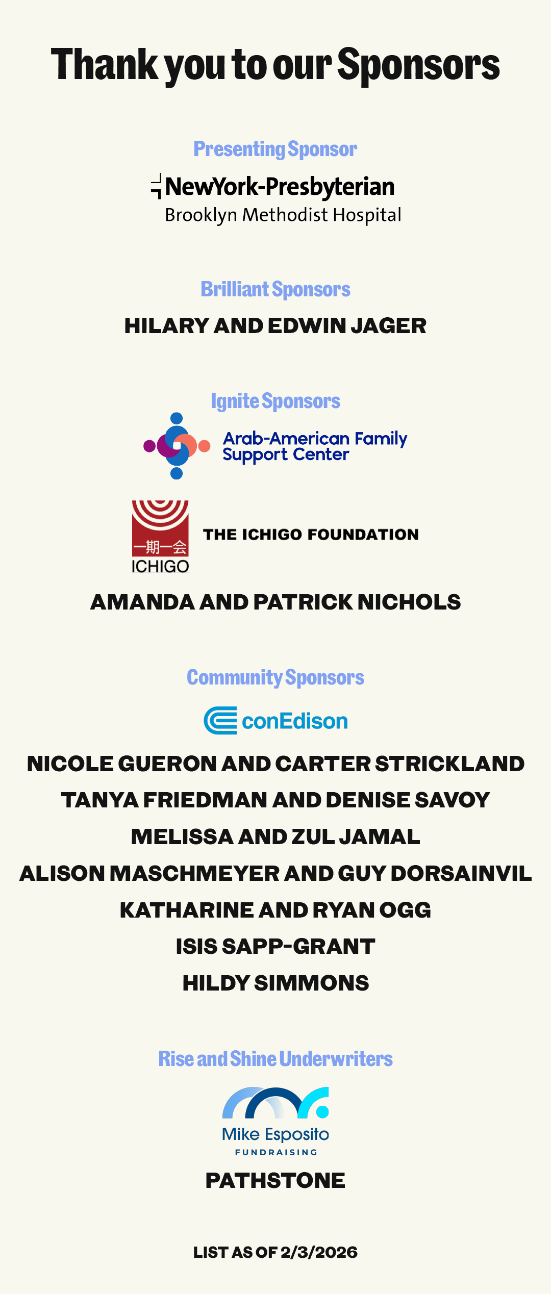 A sponsor thank-you page listing organizations and individual sponsors, including their logos, under categories: Presenting, Brilliant, Ignite, Community, and Rise and Shine Underwriters.