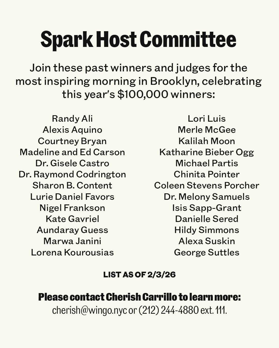 Text listing names of Spark Host Committee members, with contact information for Cherish Carrillo for more details, and a note that the list is as of 2/3/26.