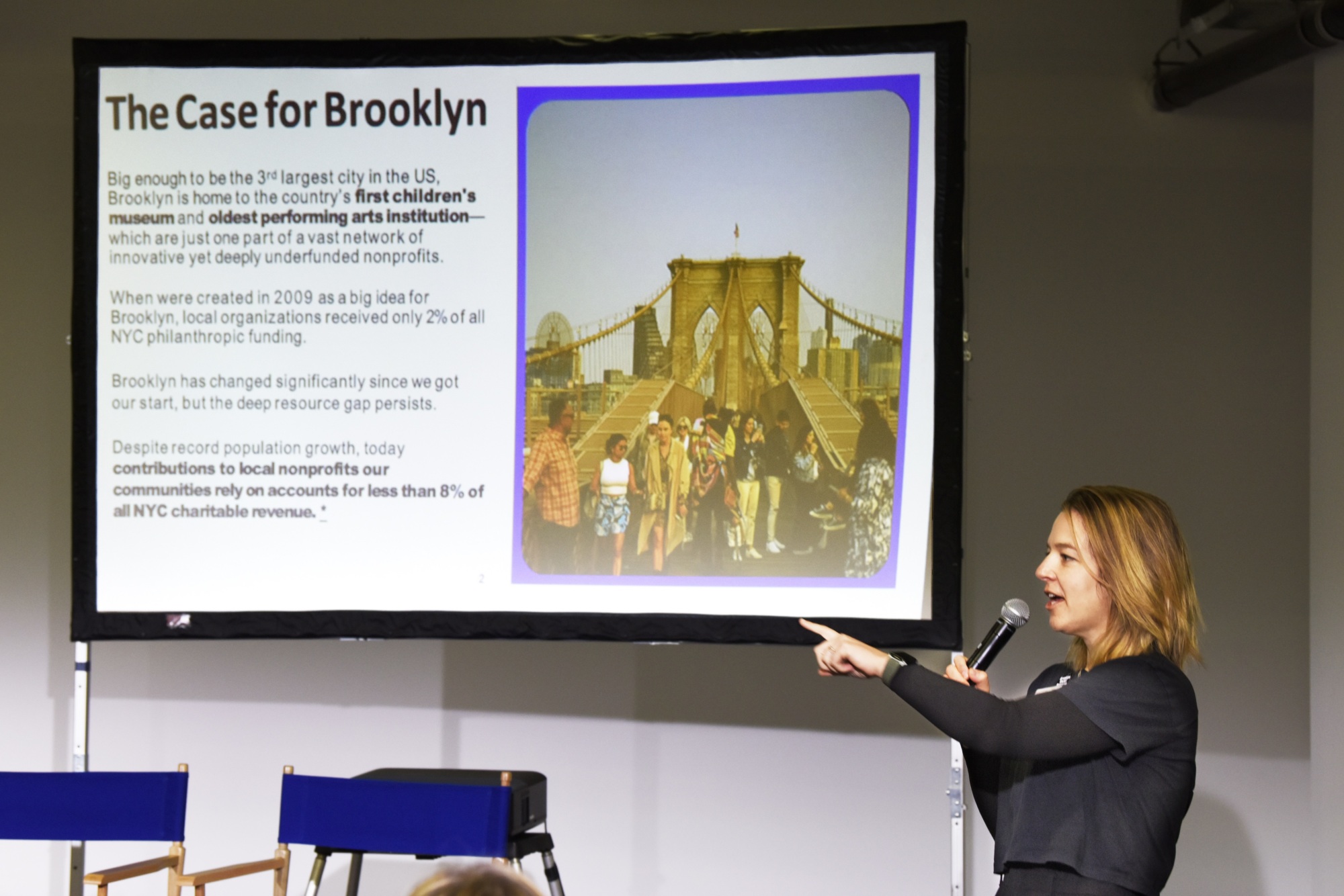 A woman speaks while pointing at a presentation slide titled "The Case for Brooklyn," which features text and a photo of people on the Brooklyn Bridge.